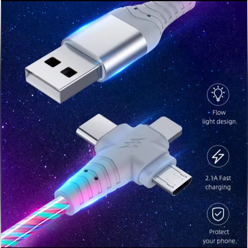 3 in 1 LED Luminous 40” Charging Cable Compatible with type A C and Micro USB